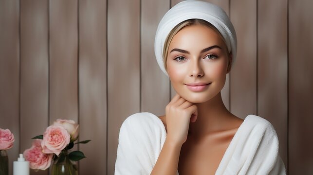 Portrait of beautiful young woman with clean fresh skin in spa salon