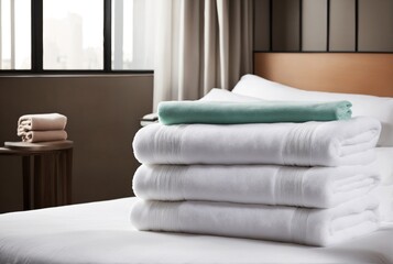 Fototapeta na wymiar Fresh towels on bed in hotel room created with AI
