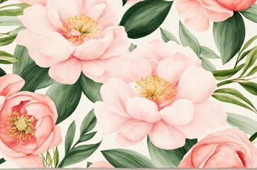 Foto op Canvas Delicate floral watercolor pattern, floral pattern for textile and background, watercolor peony flowers and green leaves, soft colors, boho style on a beige background, floristic vintage. © SR07XC3