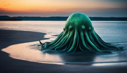 Enigmatic Sea Creature with Giant Tentacles, Oceanic Landscape. 3D Illustration - obrazy, fototapety, plakaty