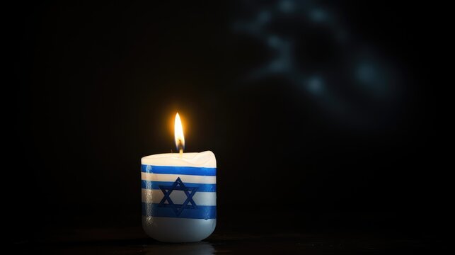 The candle's flame flickers in memory on the flag of Israel against a dark background, a poignant image for Holocaust Remembrance Day.