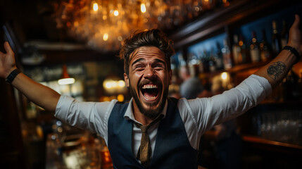 Jubilant bartender evoking sheer euphoria with wide smile, expertly mixing cocktails in lively tavern - essence of delight and victorious celebration.