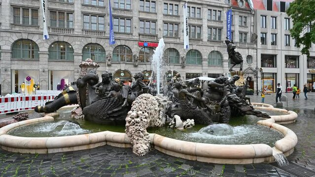 Nuremberg, Germany, August 1, 2023. The marriage carousel fountain (Ehekarussell), in the historic center at the foot of the white tower or weber.