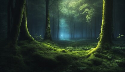Magical fantasy fairy tale scenery, night in a forest - obrazy, fototapety, plakaty