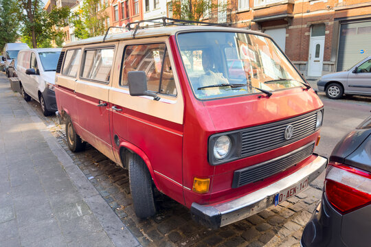 Volkswagen T3 minivan parked on the roadside in Bruxelles, Belgium