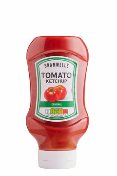 Mansfield,Nottingham,United Kingdom,22nd September 2023:Studio product image of a bottle of Bramwells ketchup on white,Bramwells is made and sold by Aldi stores.
