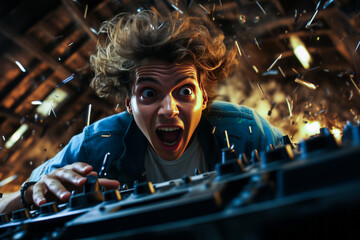 Obraz premium Startling DJ expression of astonishment, shock and surprise while working on turntables in a club environment, portraying powerful range of emotions.