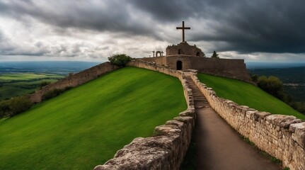 The sky above Golgotha Hill illuminated by light and clouds