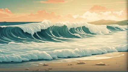 Japanese-Inspired Vintage Illustration of a Majestic Ocean Wave