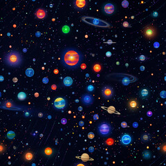 pattern of stars and planets in pixel art style, with vibrant colors and fun details, on a dark blue background 18