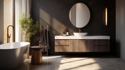 embodies the tranquility and style of a well-designed bathroom featuring a sleek sink and mirror.