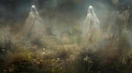 Fototapeta premium Wandering Spirits in a Misty Meadow