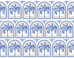 etro Summer Vibes  70s Checkered with summer elements , Palm trees , Lobsters, star fish , Tropical leaves , Monstera leaves , Seamless pattern illustration, - 651282245