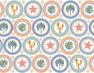 etro Summer Vibes  70s Checkered with summer elements , Palm trees , Lobsters, star fish , Tropical leaves , Monstera leaves , Seamless pattern illustration, - 651282247