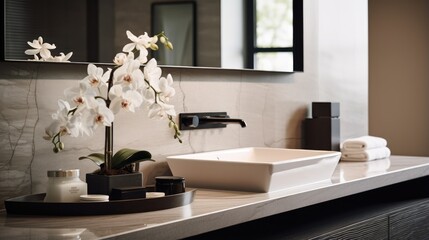 embodies the tranquility and style of a well-designed bathroom featuring a sleek sink and mirror.