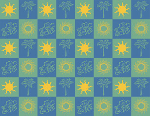 Fototapeta premium Retro chess pattern with palm leaves. A collection of groovy cliparts from 70s, 60s.