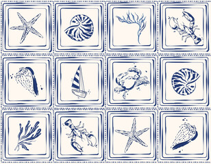 Retro  Tropical  Summer Hand drawn  , Oceans Animal , Leaves ,  Sea shell , Nautical Boat repeat in retro style. - 651282448