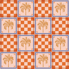 Retro chess pattern with  palm leaves. A collection of groovy cliparts from 70s, 60s. - 651282459