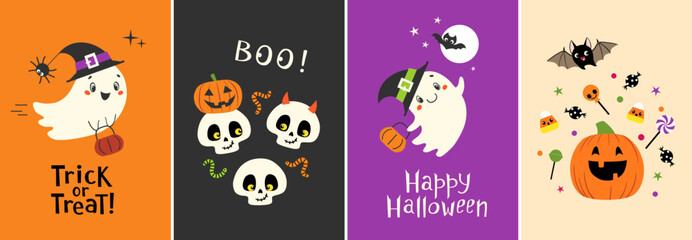 Vector set of Halloween prints perfect for trick or treat bags, posters, banners, invitations for children. Cute kids design with pumpkins, ghosts, skulls and bats.  - 651282623