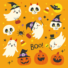 Halloween vector set of cute and funny cartoon ghosts, pumpkins, skulls, candy corns, bat and spider on bright orange background.