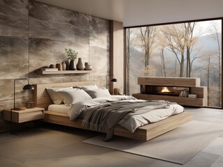 interior design of bedroom with big window and warm white color tone