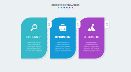 Timeline infographic with infochart. Modern presentation template with 3 spets for business process. Website template on white background for concept modern design. Horizontal layout.