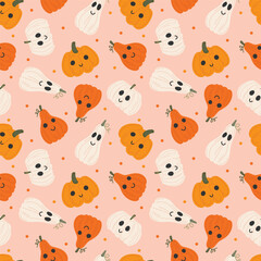 Yellow and orange pumpkins. Vector illustration in flat cartoon style. Seamless pattern