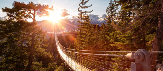 Suspension bridge in Canadian Mountain Landscape. Sea to Sky in Squamish, British Columbia, Canada