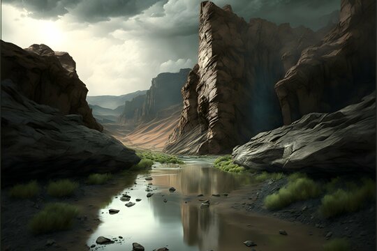 a river flowing through the hulk of an ancient crashed spaceship obsidion canyon landscape soft light sparse vegetation towering storm clouds high quality 3D photo realistic 2 digital painting 