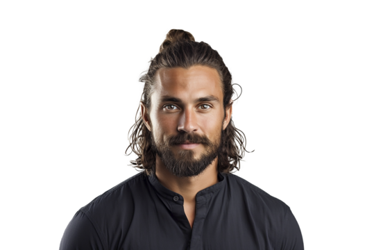 Portrait of beautiful bearded guy with trendy hairdo in casual shirt smiling and looking in camera.