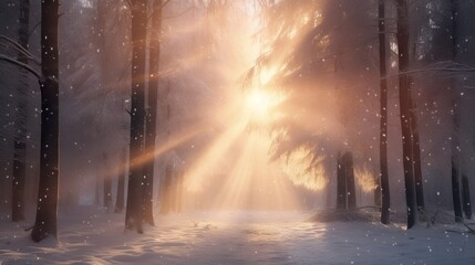  a snowy forest with sunbeams shining through the trees.  generative ai