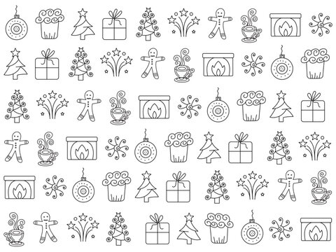 Christmas icon set with snowflakes, hats, star, Christmas tree, balls, orange, sock, gift, drink and garlands. Vector icons for business and holidays