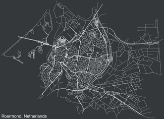 Detailed hand-drawn navigational urban street roads map of the Dutch city of ROERMOND, NETHERLANDS with solid road lines and name tag on vintage background