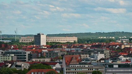 Nuremberg, Germany, August 1, 2023. Footage in the direction of the conference center wanted by Hitler for its rallies. Reminiscent of the Colosseum in appearance. It stands out on the skyline.
