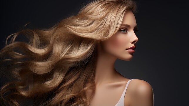 allure of a stylish woman with long, shiny, wavy hair, embodying the essence of beauty and fashion.