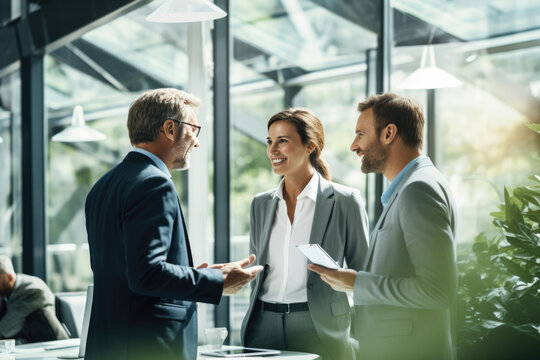 smiling businesspeople client discussing business in office space