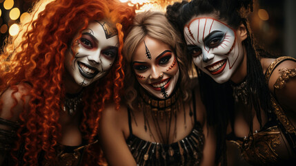 Porträt einer Gruppe von drei lächelnden jungen Frauen in Halloween Verkleidungen und Make-up, Halloween Party mit Freunden
