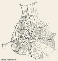 Detailed hand-drawn navigational urban street roads map of the Dutch city of SITTARD, NETHERLANDS with solid road lines and name tag on vintage background