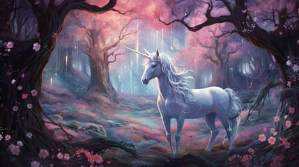 A mystical forest inhabited by enchanting unicorns with gleaming horns and ethereal beauty
