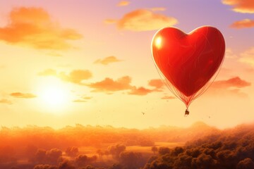 Red heart shaped hot air balloon flies into the sunset sky with clouds