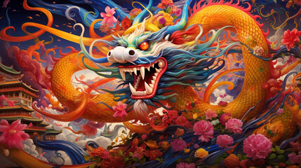 A vibrant and colorful portrayal of a Chinese dragon winding its way through a traditional festival