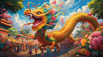 Obraz premium A vibrant and colorful portrayal of a Chinese dragon winding its way through a traditional festival