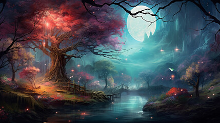 A breathtaking and magical scene featuring a unicorn and a fairy in a moonlit glade - obrazy, fototapety, plakaty