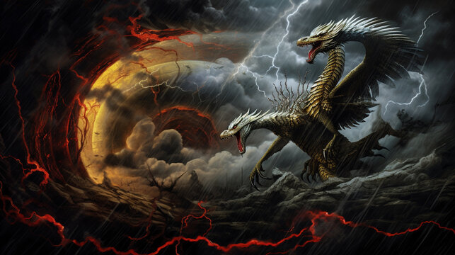 A dramatic and epic image of a thunderbird battling a fearsome serpent in a thunderstorm