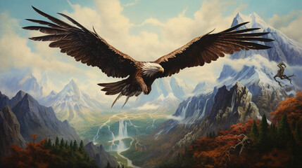 Fototapeta premium A fantastical depiction of a roc, a gigantic mythical bird, soaring high above a mountain range