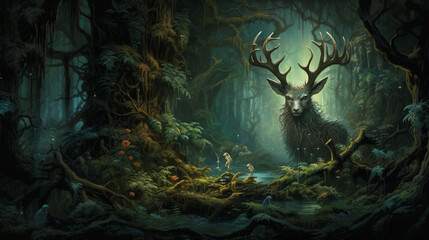 A mystical forest where a benevolent tree spirit watches over the woodland creatures