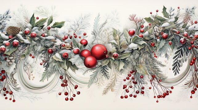  a painting of holly and berries on a white background with mist.  generative ai