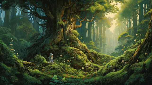 A mystical forest where a benevolent tree spirit watches over the woodland creatures