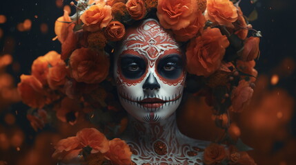photo portrait of zombie with painted skull face orange flowers celebrate day of the death