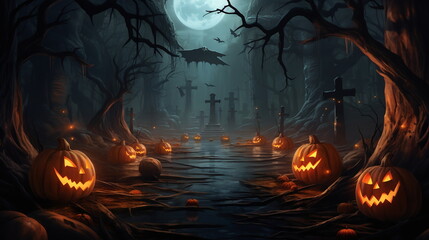 Fototapeta na wymiar Spooky dark fire pumpkin themed Halloween wallpaper moon spooky woods graveyard forest
